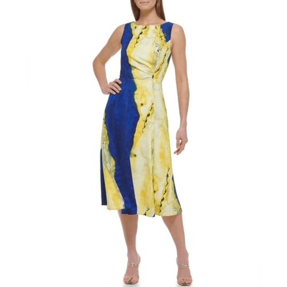 DKNY Women's Side Ruched Sleeveless Midi Dress In Lemonade Combo